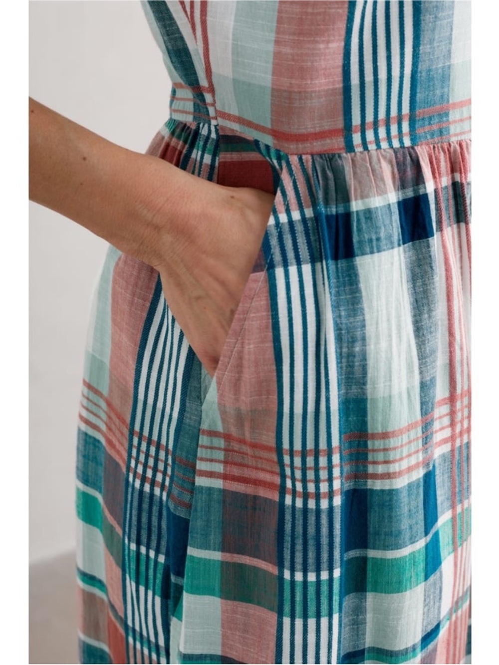 Seasalt Cornwall Bassett Wood Organic Cotton Check Plaid Midi Dress Teal Pink 4 - Picture 5 of 15